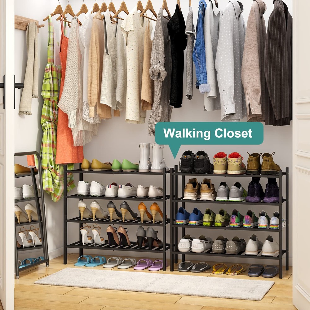 4Tier Black Bamboo Shoe Rack, Foldable Stackable FreeStanding for Entryway
