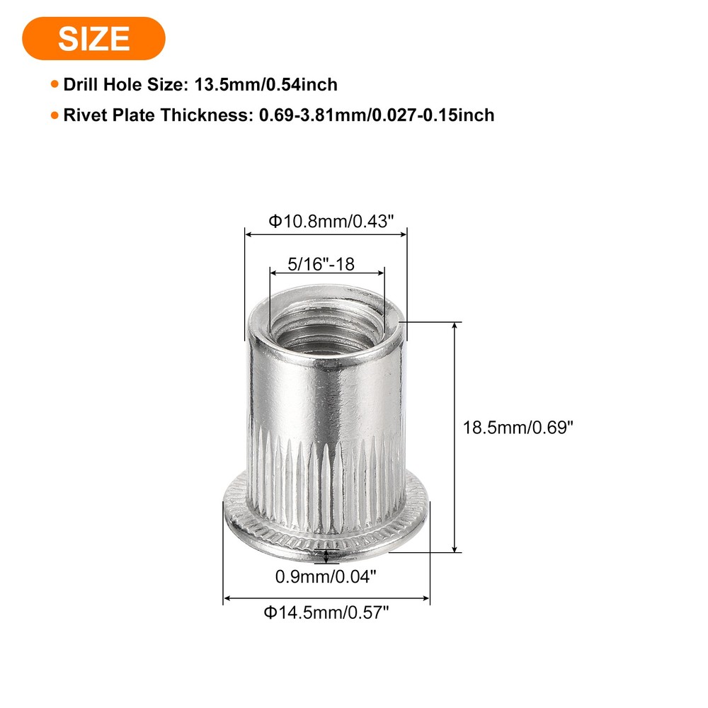30Pcs Rivet Nuts Flat Head, 5/16 304 Stainless Steel Thread