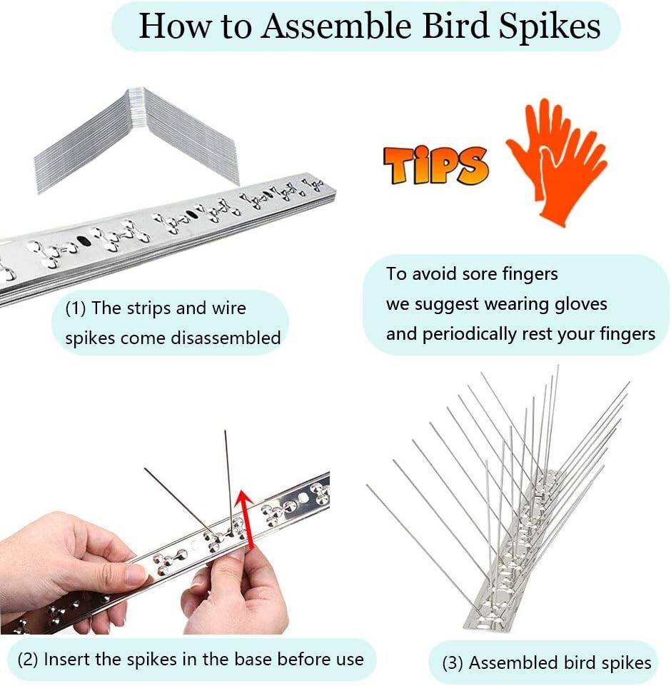 Stainless Steel Bird Spikes - Simple Assembly, 10 Strips with 10.82ft Coverage