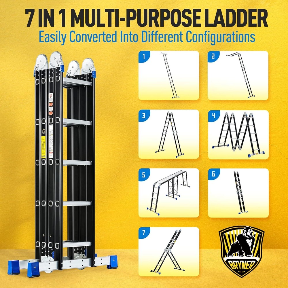 Bryner Folding Step Ladder,19.6ft ,7in1 Multi-Purpose Folding Extension Ladders