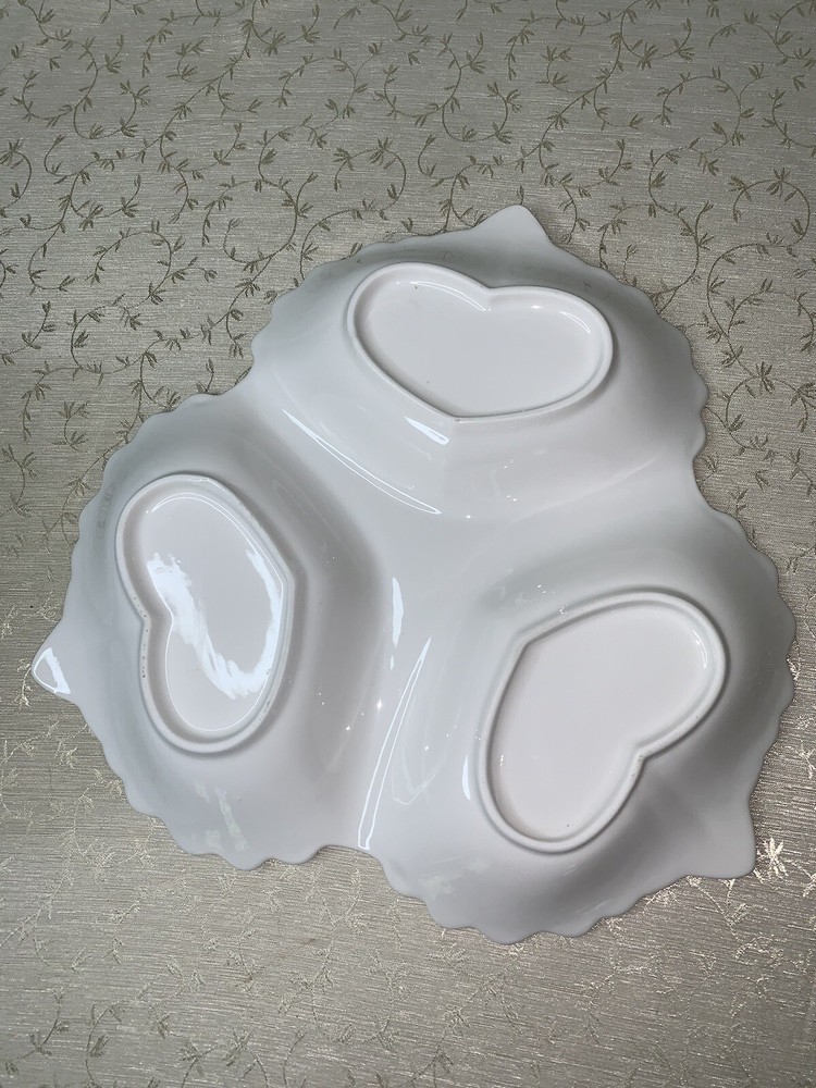 Vtg 11” White Scroll work 3 section Ceramic Serving Plate Platter Hearts Italy