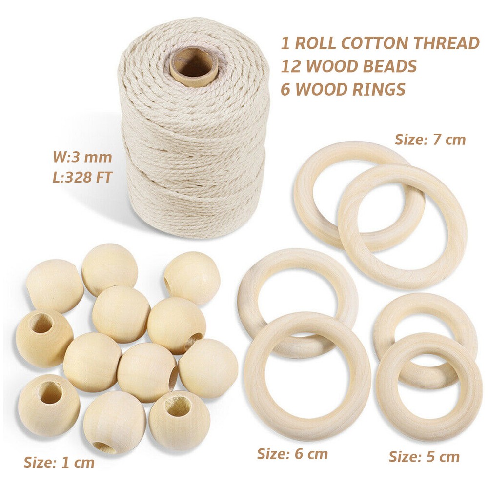 100m 3mm Natural Cotton String Macrame Artisan Thread Twisted Cord + Beads Rings