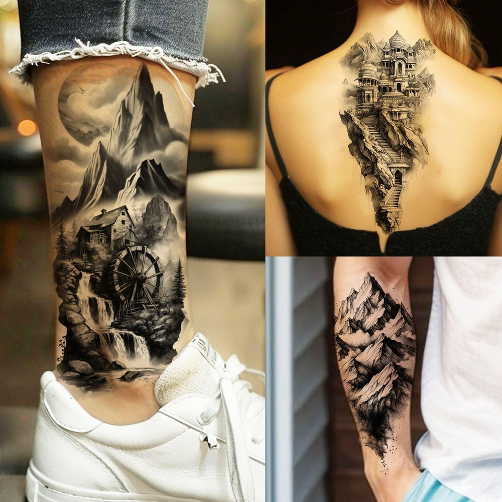 72 Sheets Realistic Mountains Temporary Tattoos For Women Men tiny, Black