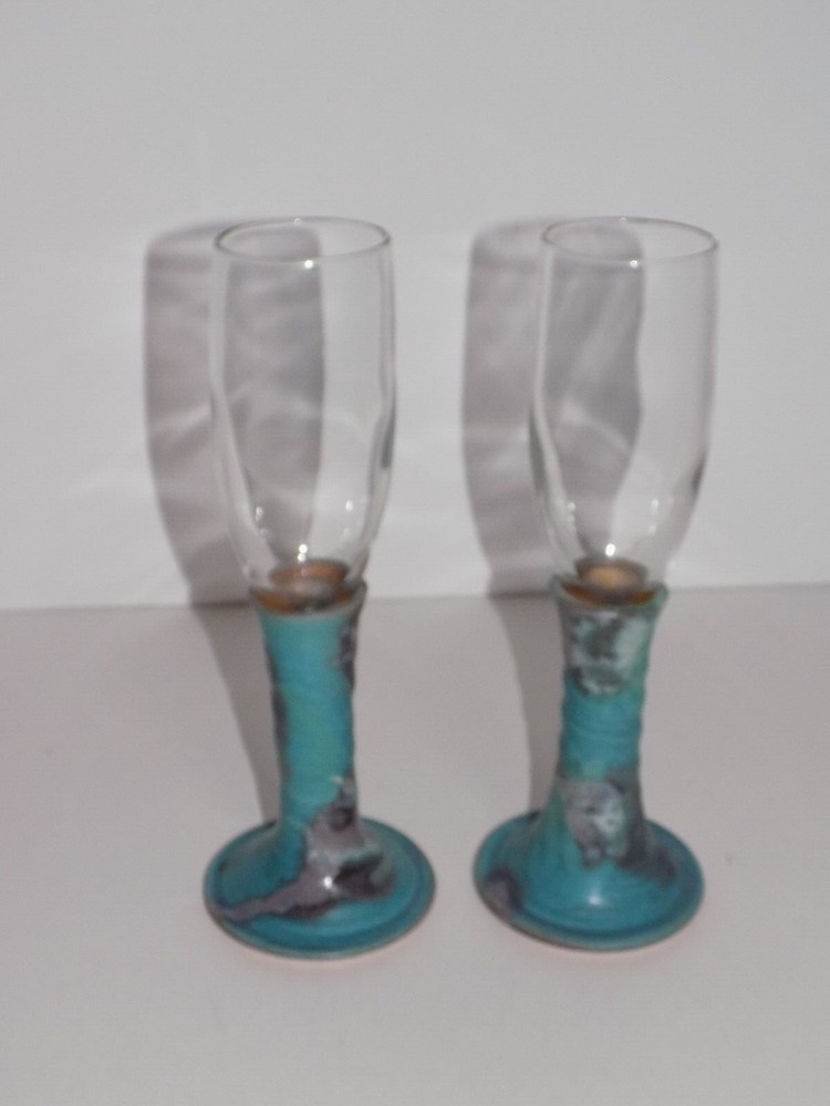 Studio Art Pottery Stem Base Drinking Flute Glass Set
