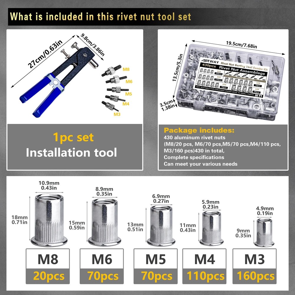 Pressure Rivet Nut Tool Kit, 430Pcs Metric M8/M6/M5/M4/M3, Variable Length