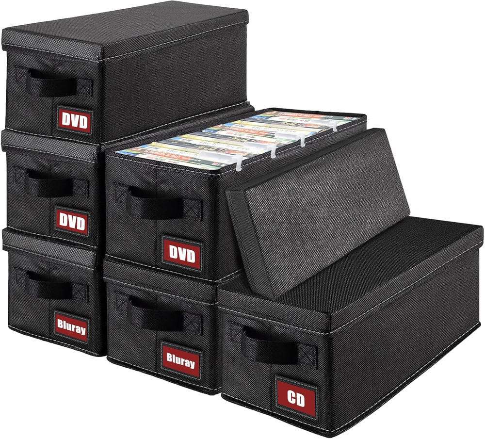 DVD Storage Boxes, 6P Larger DVD Storage Cases with Lid, Stackable Fabrics Media