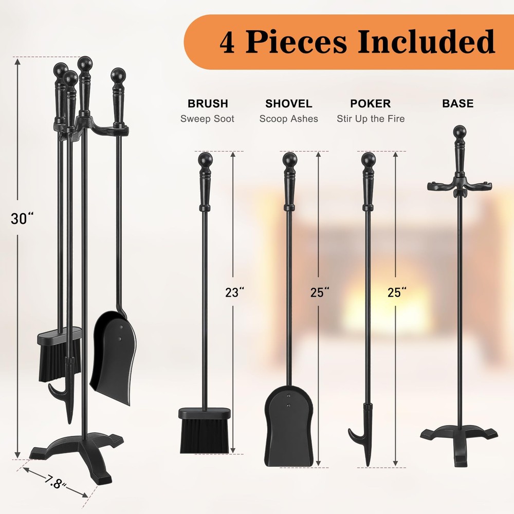 Fireplace Tools Set 4 Pcs 30 Inch Black Wrought Iron Large Fire Tool Set for ...