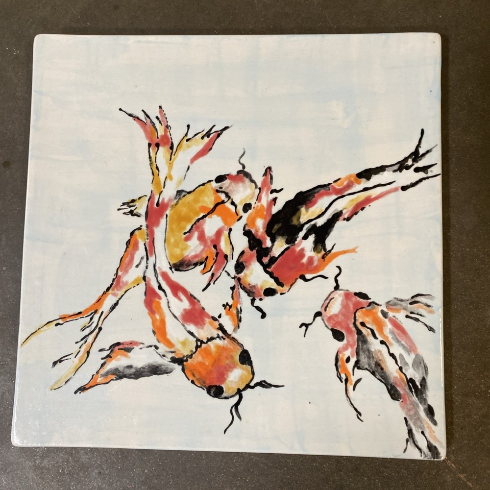 Koi fish hand painted decorative tile