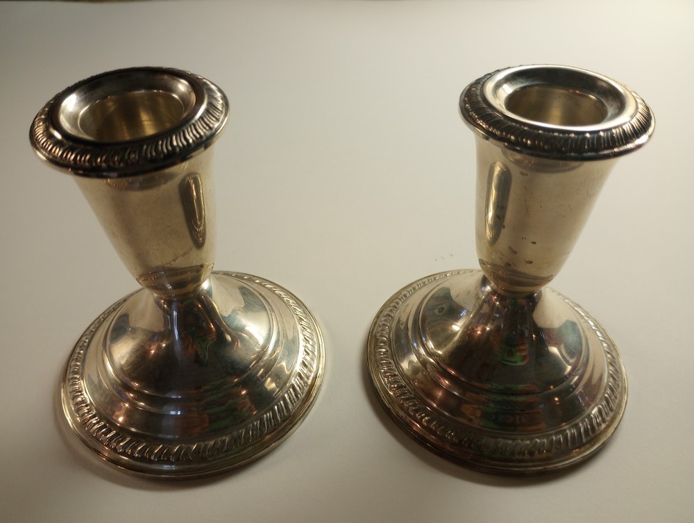 (TWO) Antique Crown Sterling Silver Weighted Candlesticks