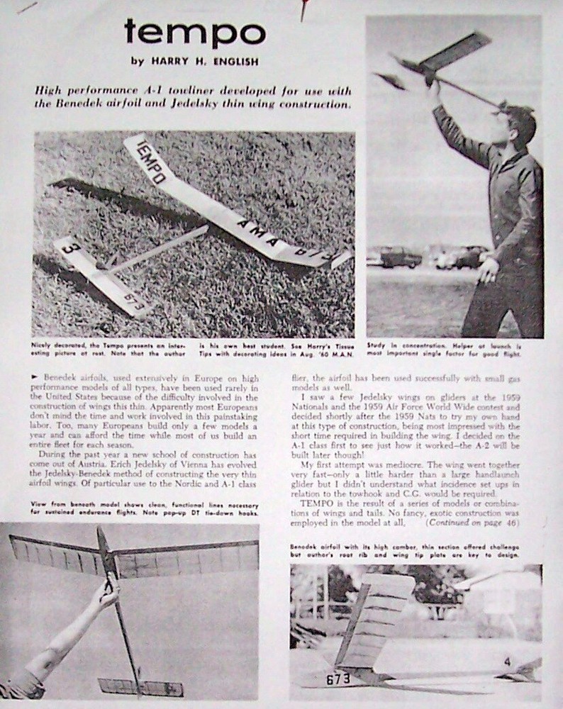 TEMPO PLAN + CONSTRUCTION ARTICLE For a 42" TOW-LINE GLIDER MODEL AIRPLANE