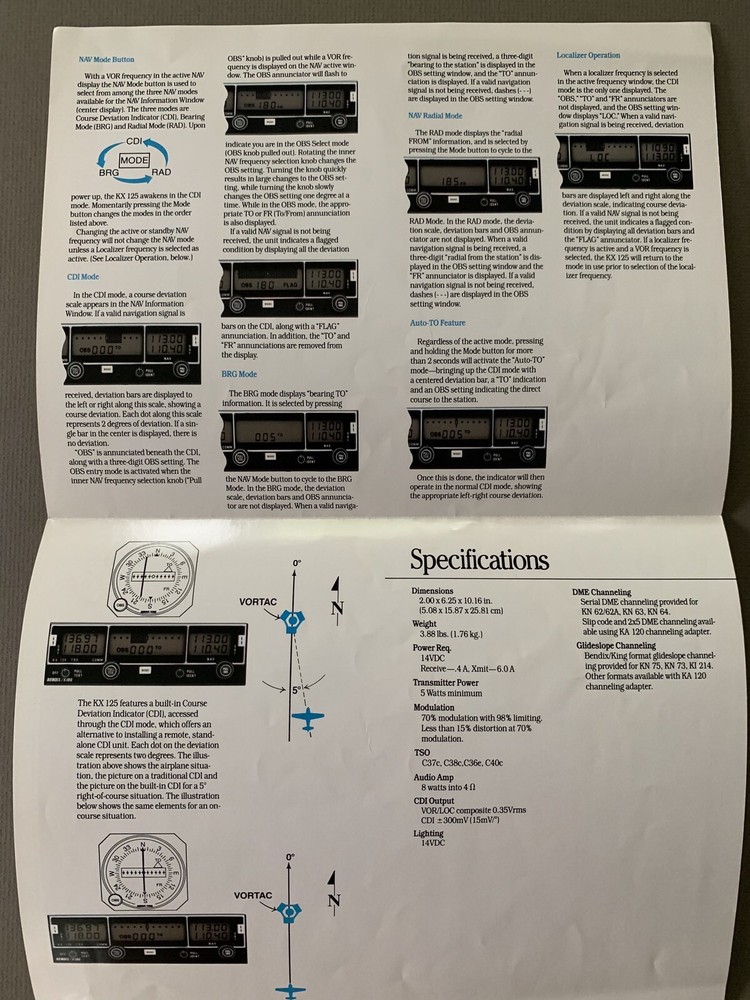 Bendix/King KX-125 Pilot TSO'd NAV/COMM System Tri-Fold Sales Brochure 1992