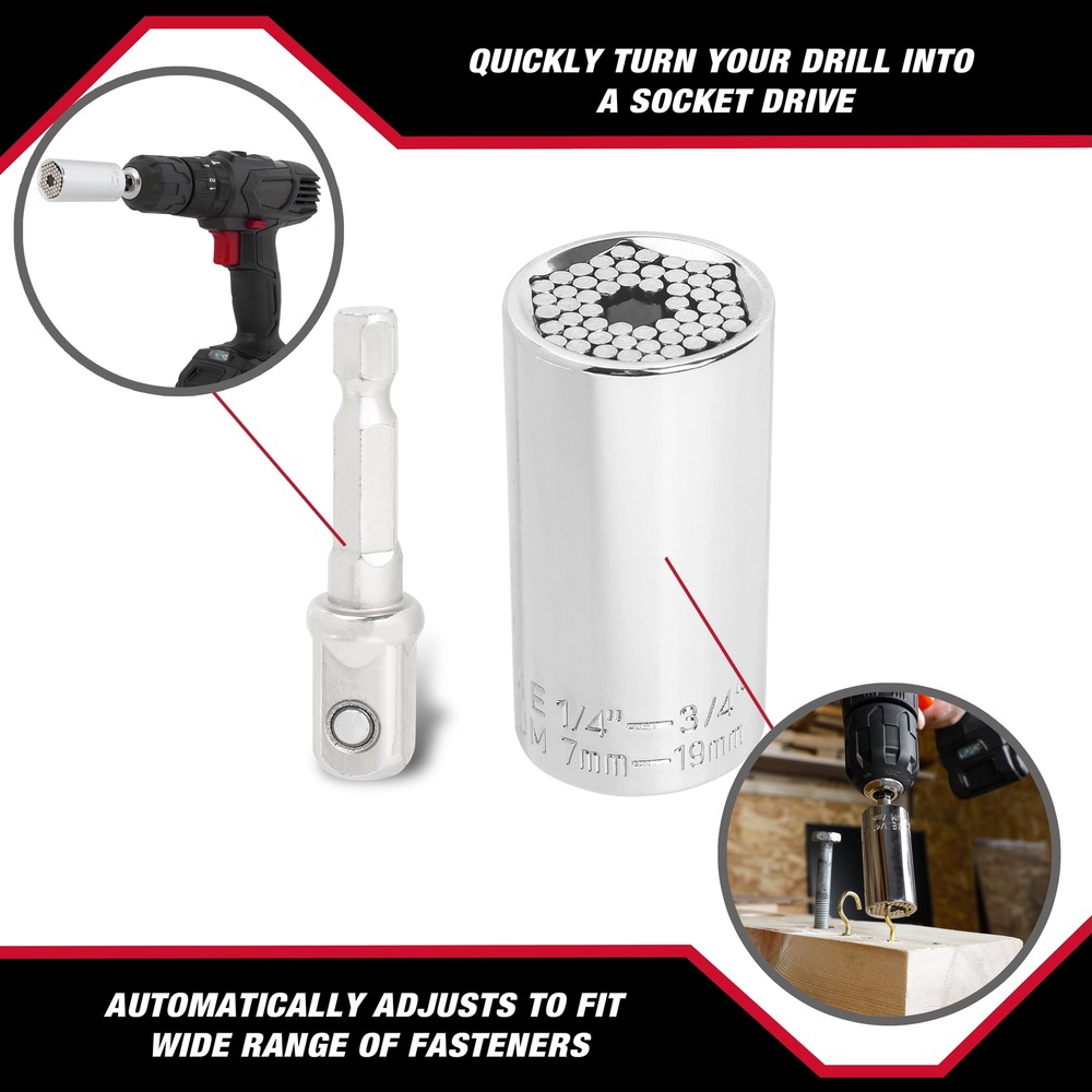 Universal socket with drill adapter, suitable for 1/4-3/4"