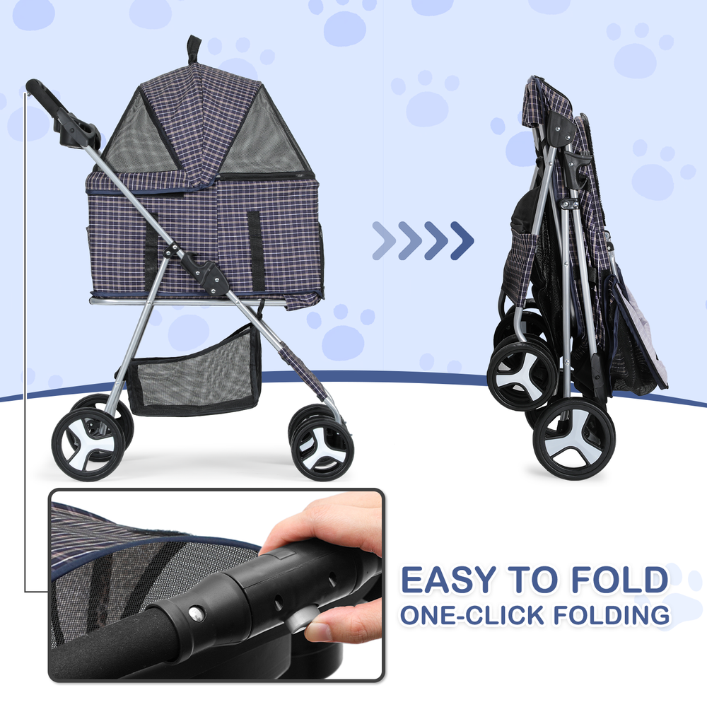 4 Wheels Pet Stroller Foldable Cat Cage Puppy Stroller Storage Basket+Cup Holder