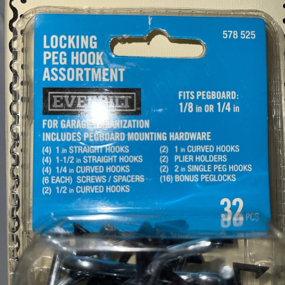 Everbilt Locking Peg Hook Assortment 1/8 & 1/4 Pegboard 32 Pcs Mounting Hardware
