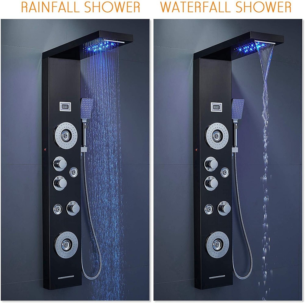 ELLO&ALLO Shower Panel Tower System LED Rainfall Waterfall Head Massage Jet