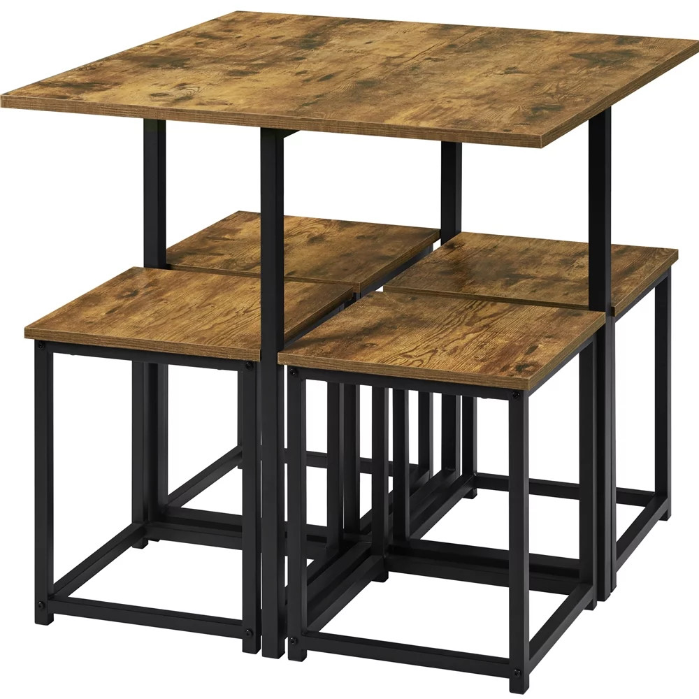 5Pcs Dining Set with Industrial Square Table and 4 Backless Chairs Rustic Brown