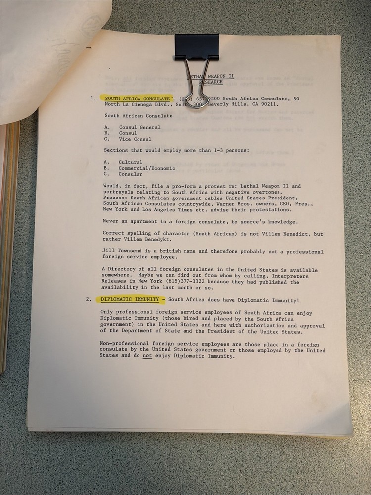 1989 LETHAL WEAPON 2 Movie Script + Production Notes Screenplay Shane Black