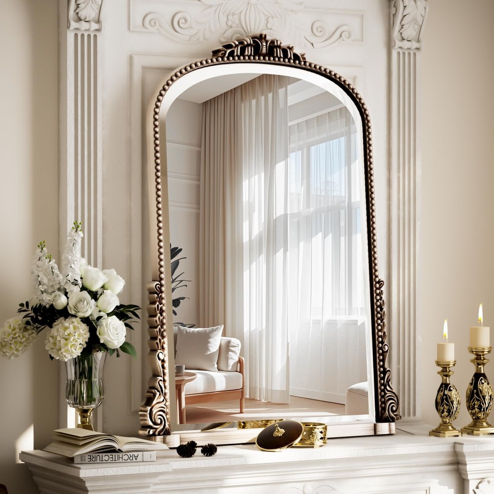 40x28 Beaded Arched Mirror, Bathroom Mirror for Over Sink, Metal Frame Wall D...