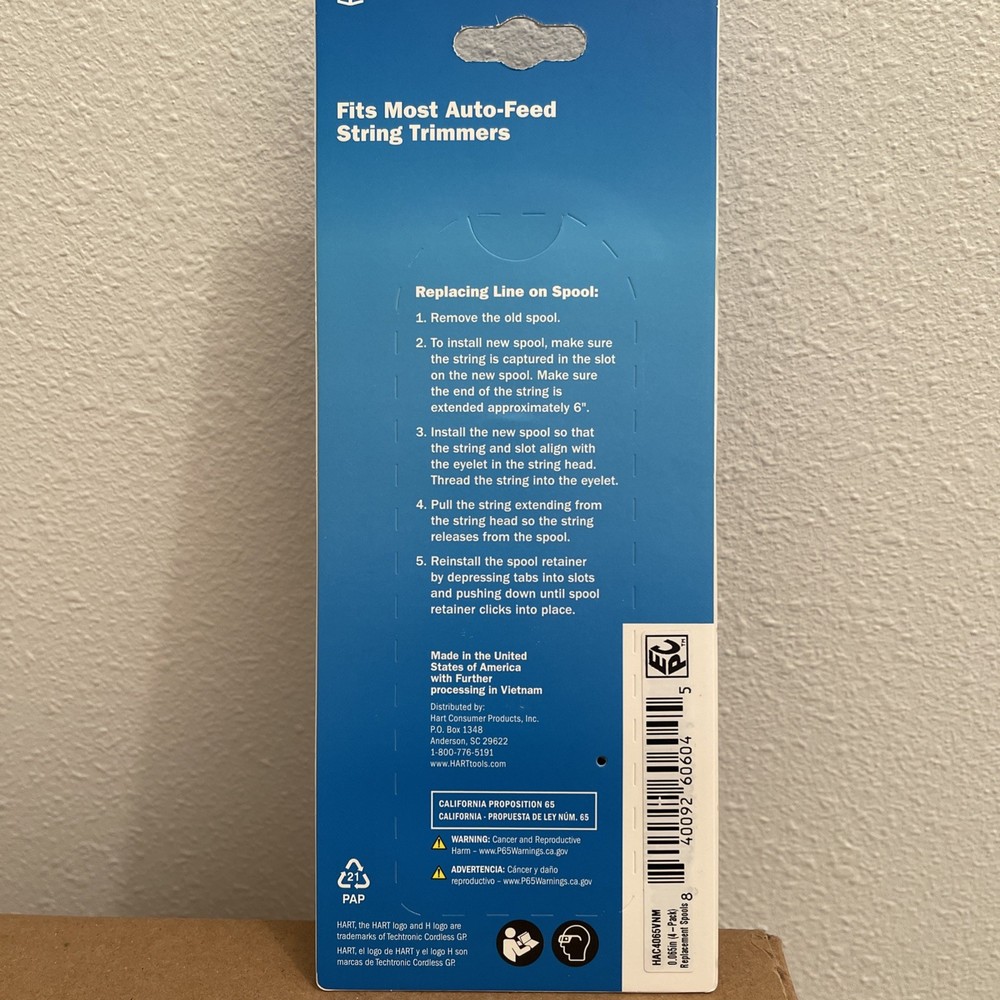 NEW HART .065" Line & Spool Blue - AutoFeed String Trimmers 4 Spools