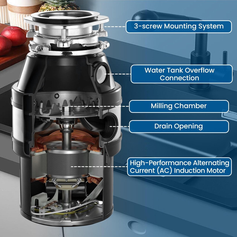 NTUD 3/4 HP Continuous Feed Garbage Disposal With Cord, Anti-Jam & Compact US