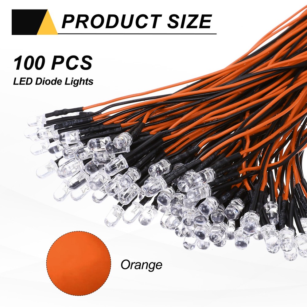 100pcs 5mm LED Diode Lights, Orange Light DC 12V for Electronics Components