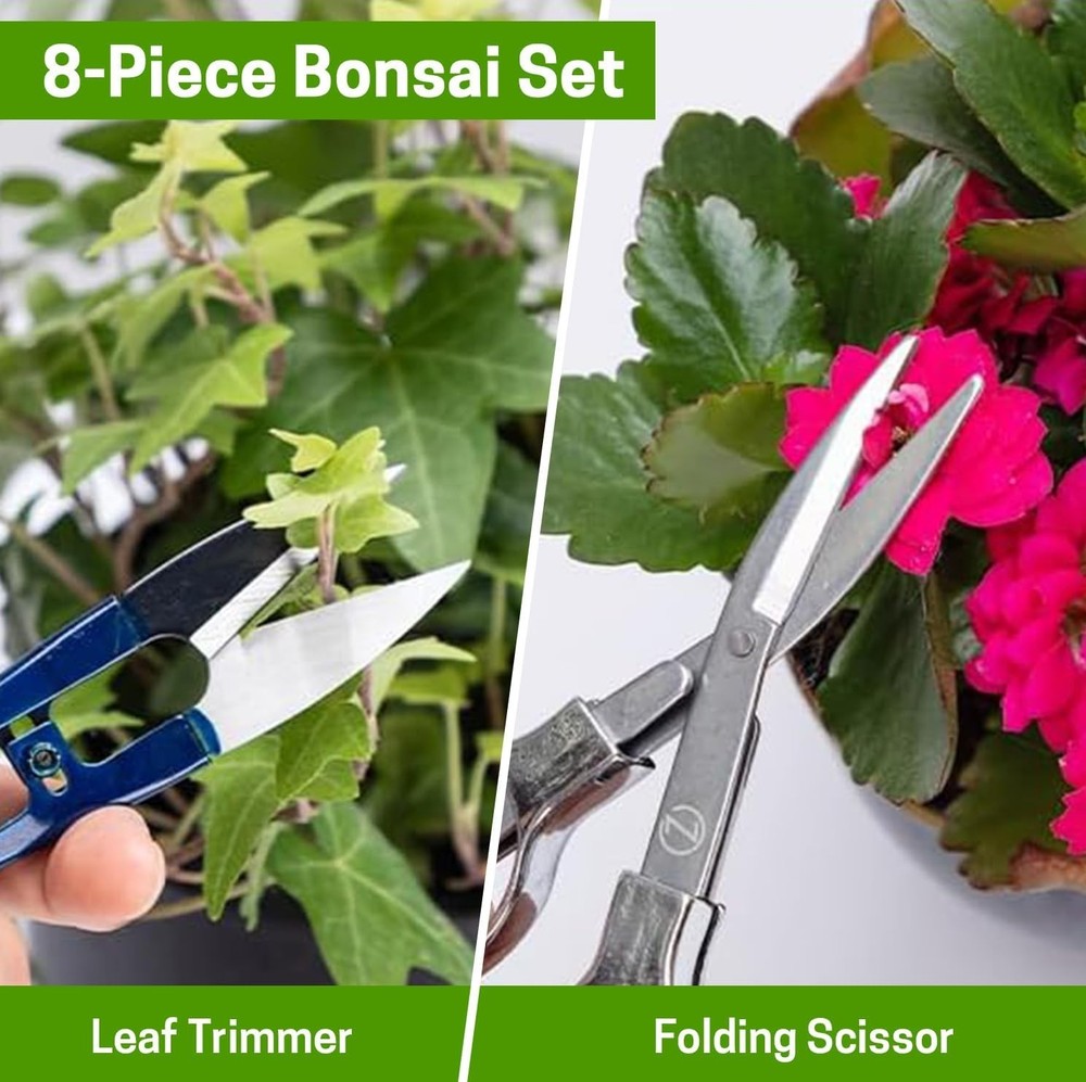 Bonsai Set 8 Pcs - Include Pruner, Fold Scissors, Mini Rake, Bud & Leaf Trimm...
