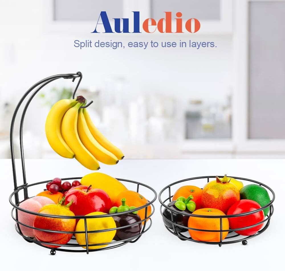 Iron 2-Tier Countertop Fruit and Vegetable Basket Storage Bowl with Banana Hooks