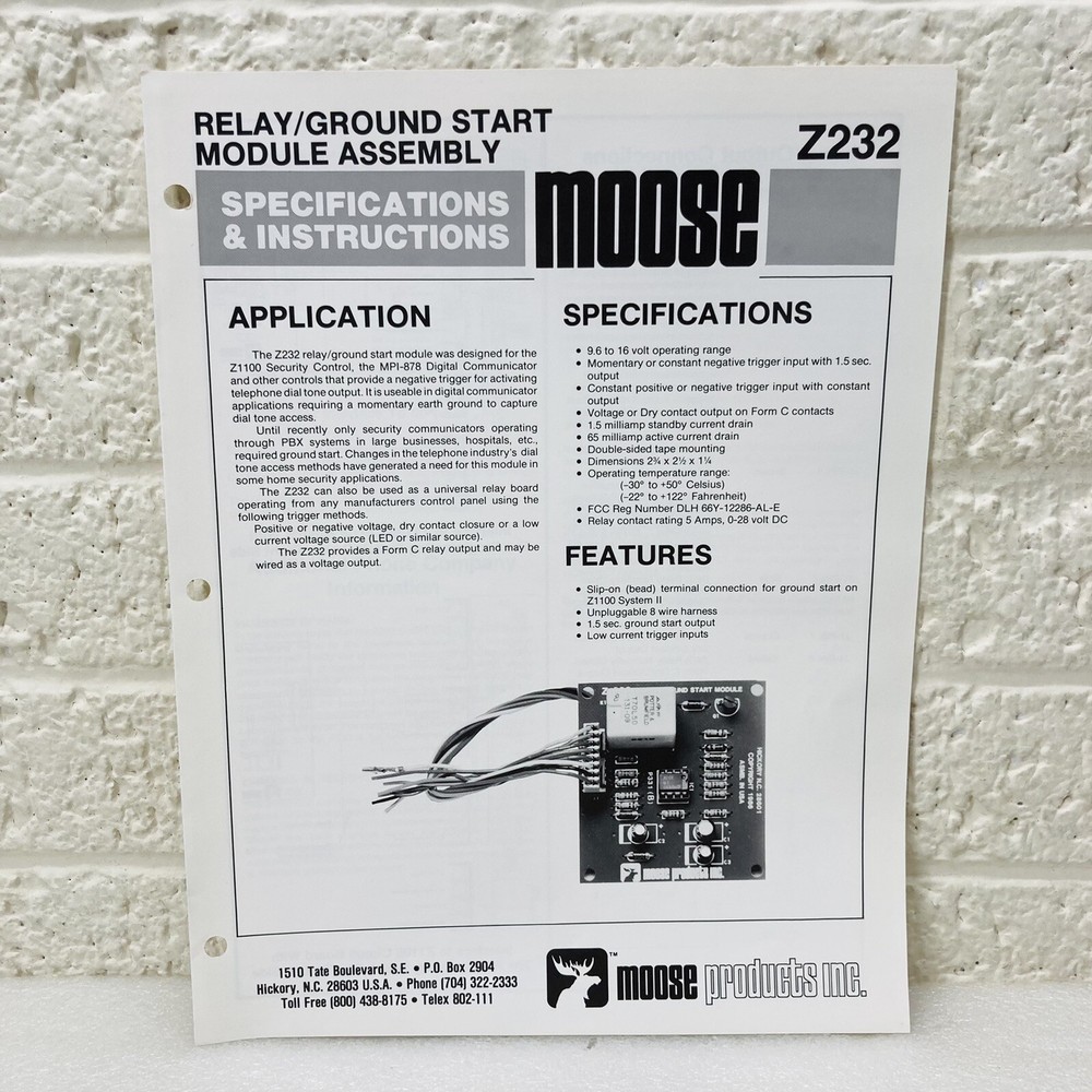 Moose Z232 Relay/Ground Start Module Assembly Specifications & Instructions