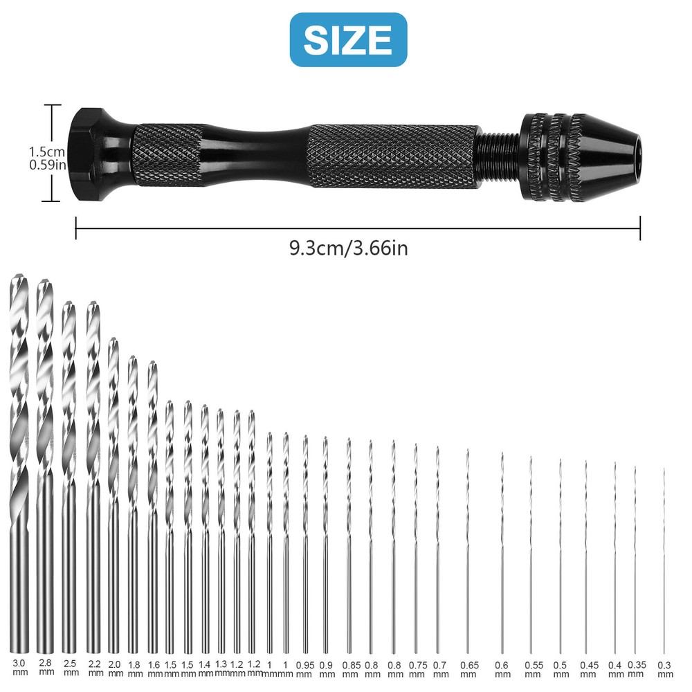 31PCS Precision Pin Vise Hobby Micro Drill Bits Mini Micro Hand Rotary Tools Set