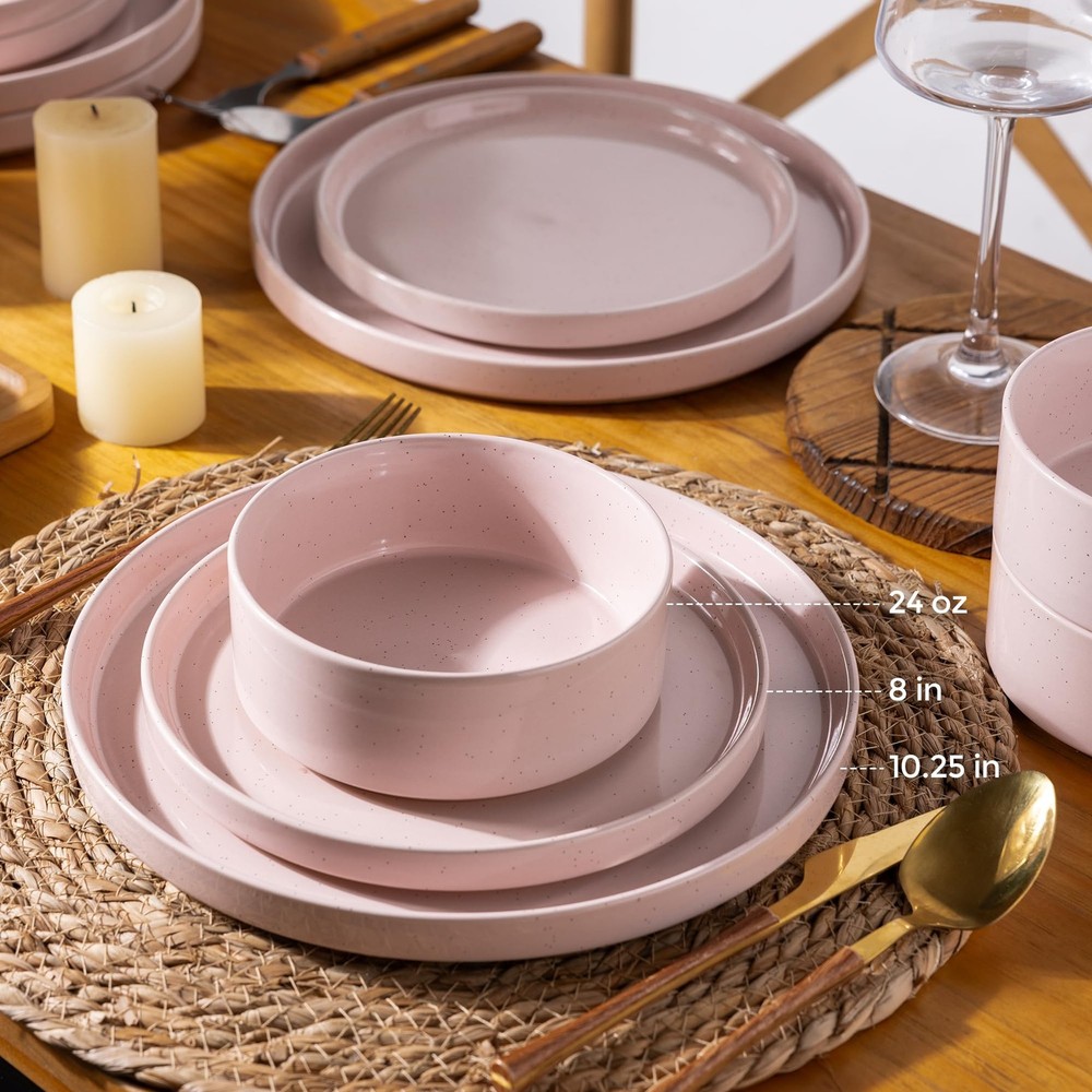 Ceramic Dinnerware Set for 4 | Speckled Stoneware Modern-Pink Service for 4