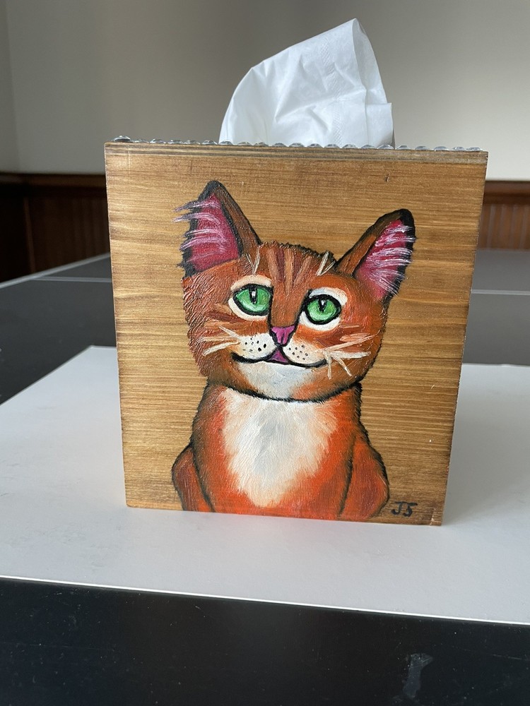 Hand Painted Tissue Box Holder Solid Wood cute orange tabby cat Decor