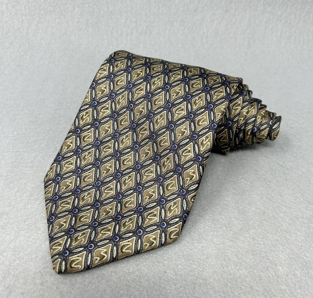 Vintage St Michael From Marks & Spencer Silk Light Brown And Blue Patterned Tie