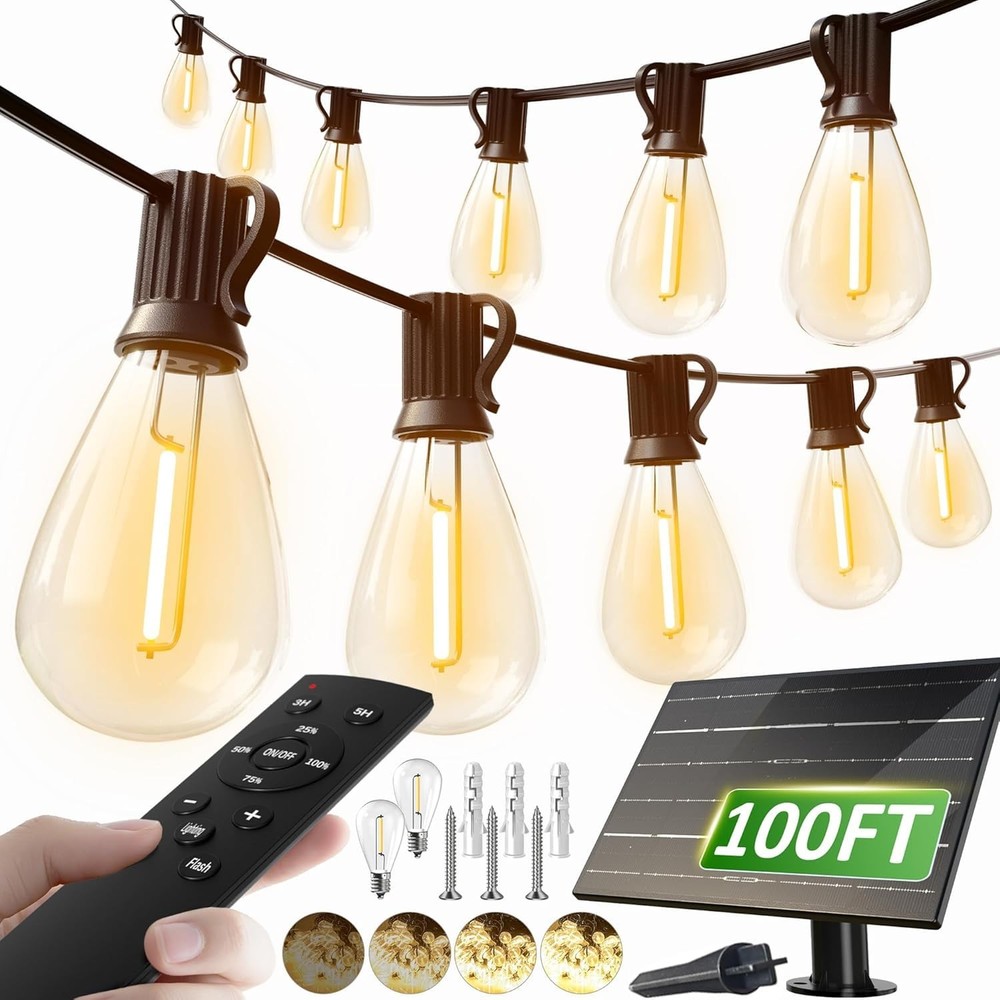 100FT Solar String Lights Outdoor Waterproof 2200K with Remote & USB Charging...