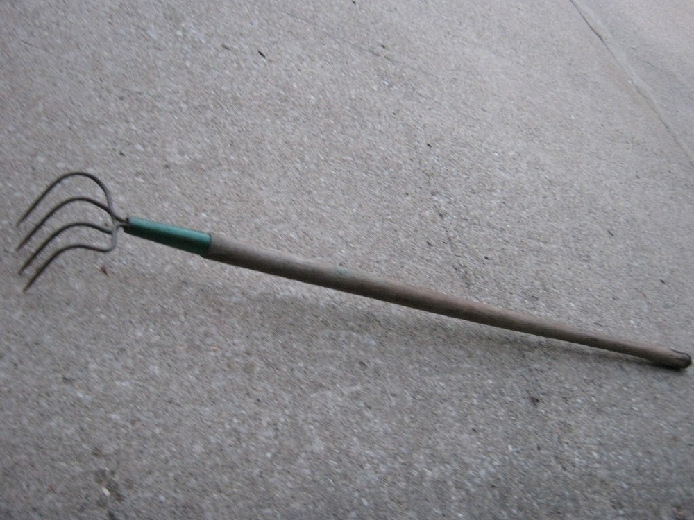 Original Vintage Rustic Rusty Farm Garden Tool Fork Wood Handle