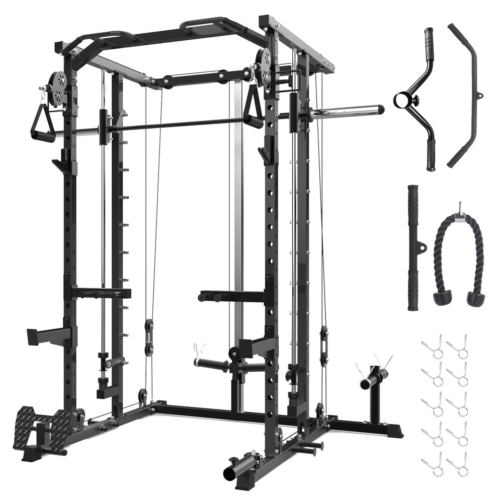 Smith Machine Power Cage with Pulley System LAT Pulldown Squat Rack for Home Gym
