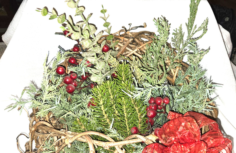 Christmas Grapevine Wreath w/ Red Bow, Berries, Greenery & Gingerbread Rustic