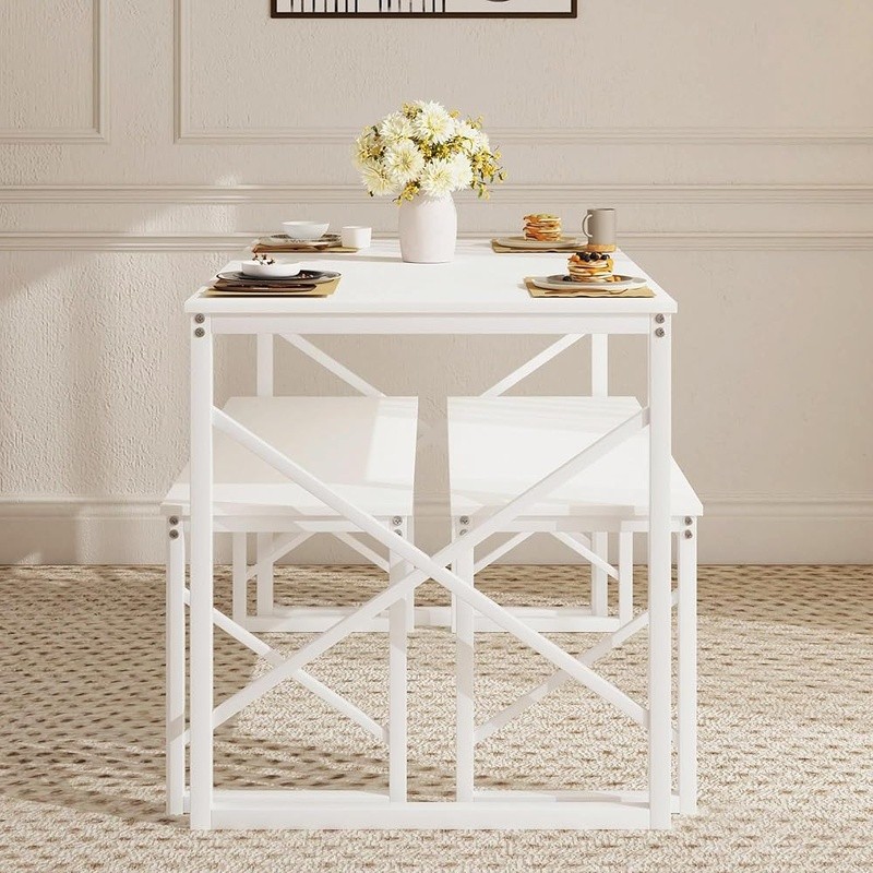 Space Saving Dining Table Set W/ 2 Benches Sturdy Waterproof Easy Assembly New