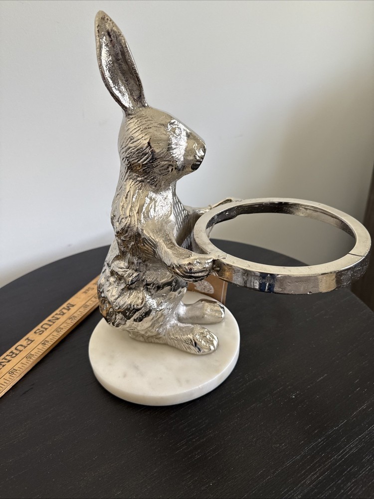 12.5” Silver Easter Rabbit on Marble Stand Missing Candy Glass Bowl Home Decor