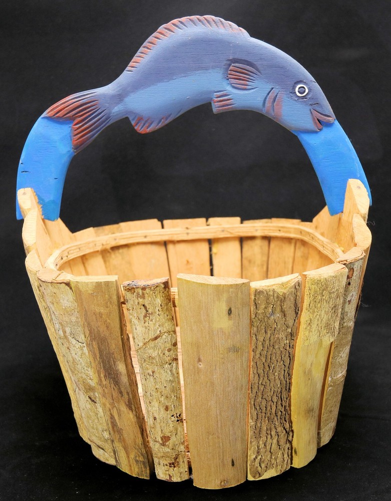 medium-sized oval storage basket features a wood fish handle