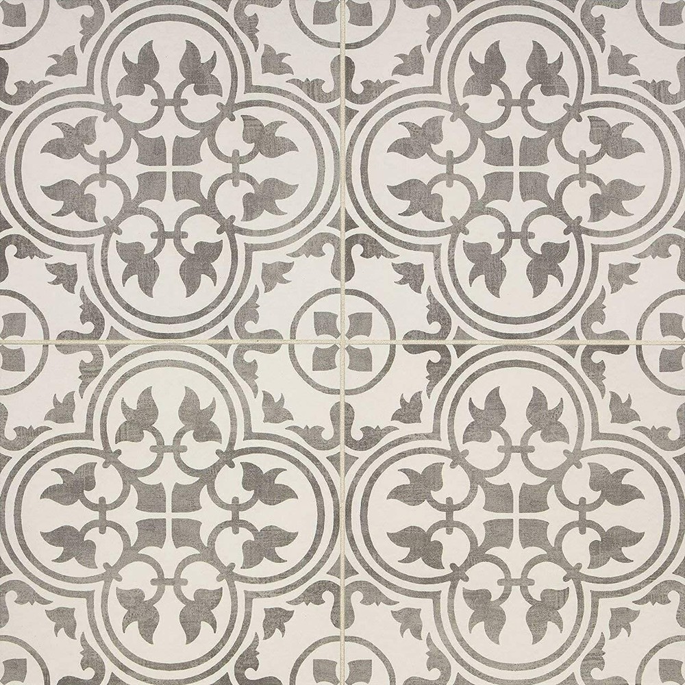 12x12 Flora Gray White Encaustic Patterned Ceramic Floor Wall Tile (BOX OF 10)