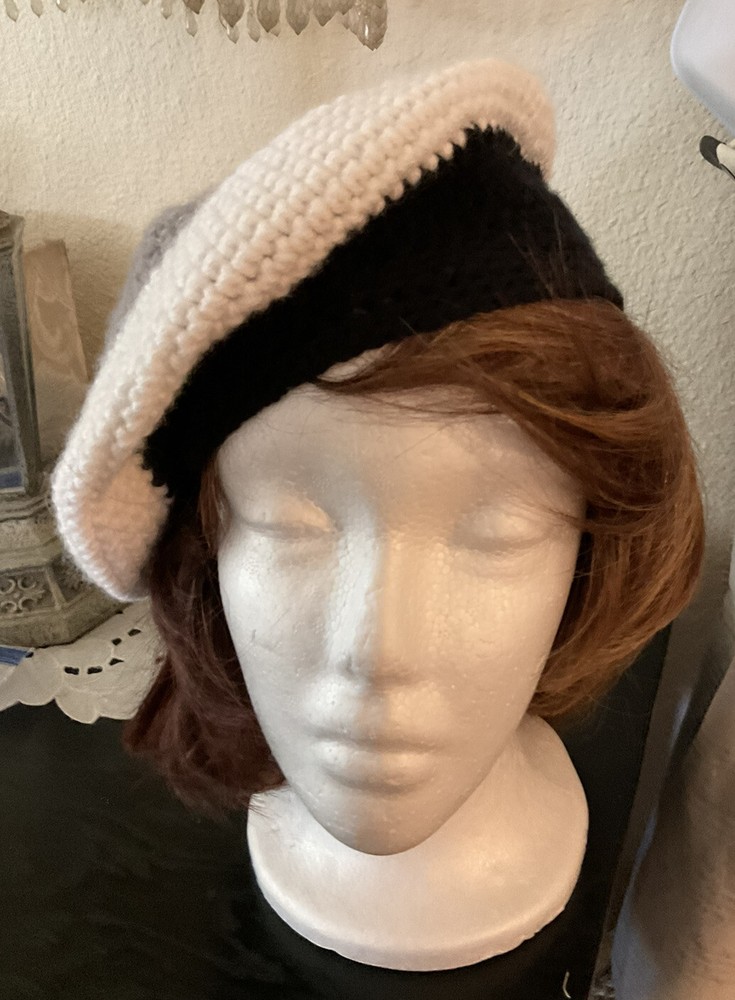Hand Crocheted White Gray Black Beret