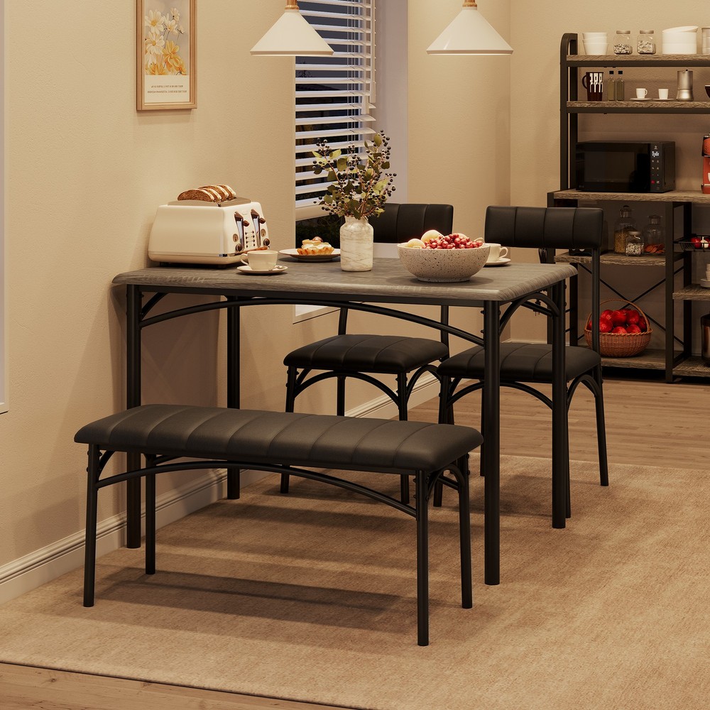 Dining Table Set for 4, Wood Kitchen Table with Upholstered Chairs and Bench