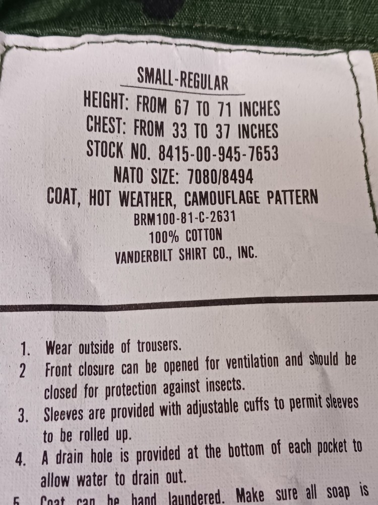 USGI BDU Jacket ERDL Pattern Mfg 1981 Vanderbilt Size Small Regular NOS