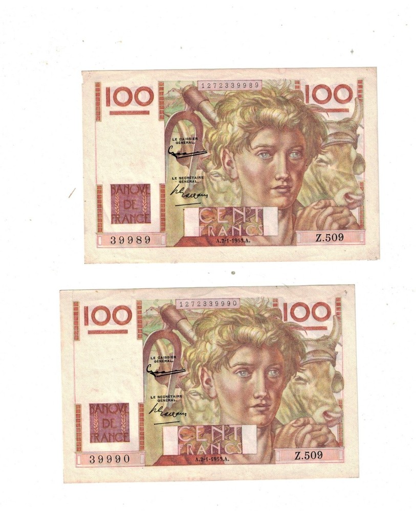 France 1953 100 Francs Two Consecutive Notes aUNC