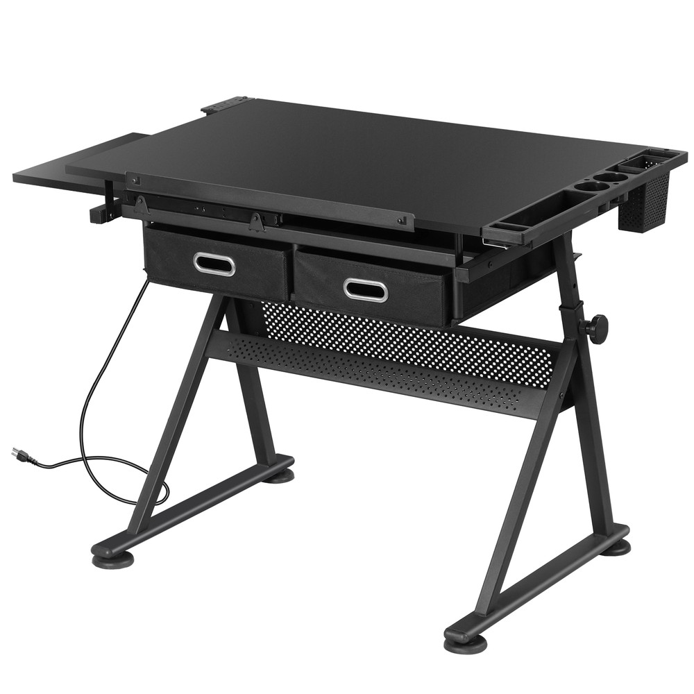 Adjustable Drafting Drawing Table Tabletop Tiltable w/ Stool & Outlet Black