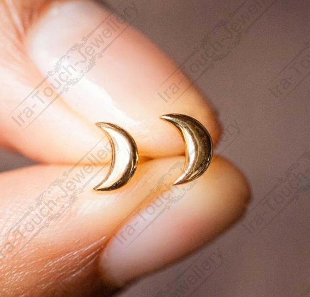 Solid 14k Yellow Gold Over Moon Stud Earrings For Womens