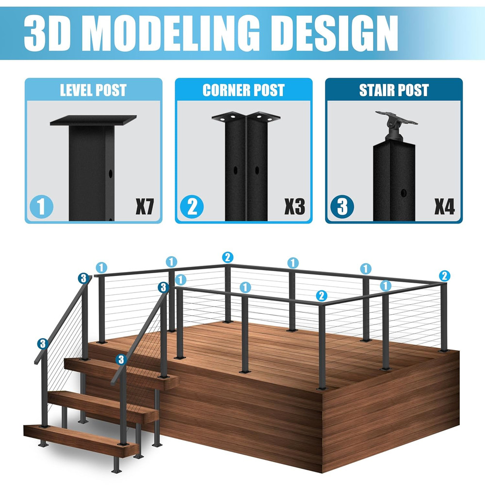42" Black Cable Railing Corner Post for Easy DIY Deck Project - Pre-Drilled