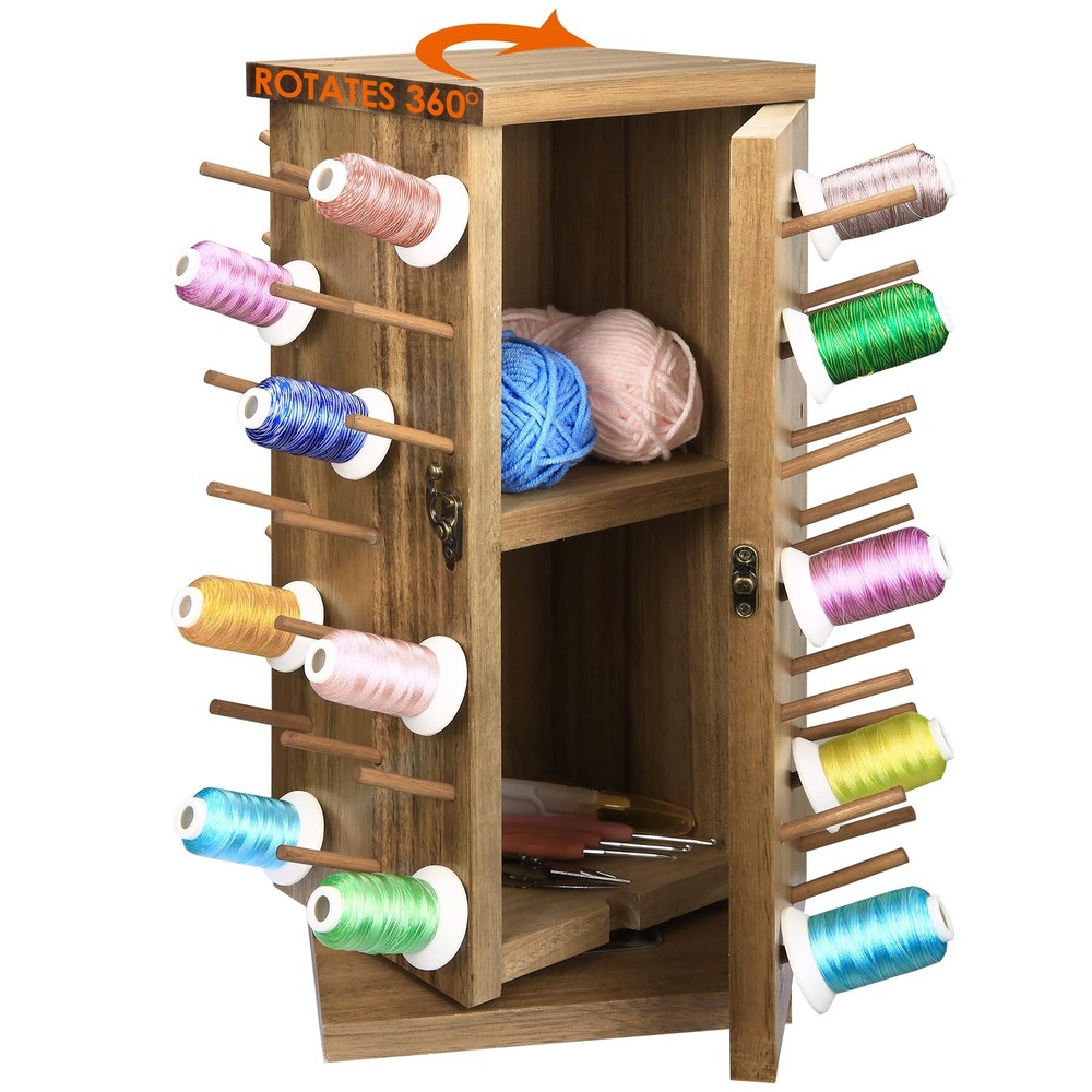 Acacia Wood 84 Spools Thread Rack/Thread Holder Organizer with Inner Storage