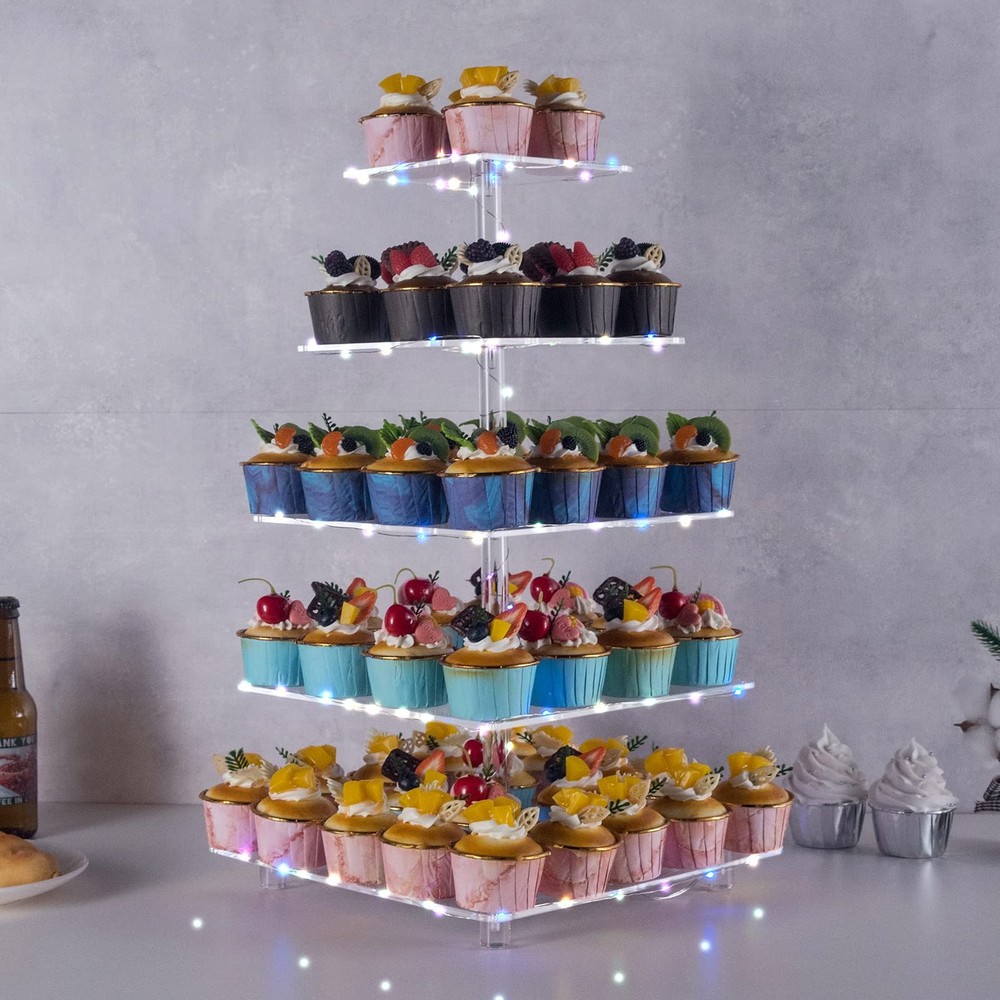 OLACHIKKO 5-Tier Square Cupcake Stand with LED Light String - Acrylic Display