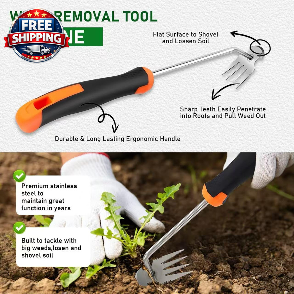 Weed Puller Tool, 2-In-1 Hand Weeder Tool with 4 Sharp Tines & Blade, Manganese